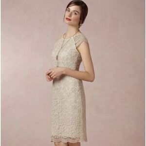 Anthropologie Mignon Doo Gold Metallic Flower Lace Overlay Mint Sheath